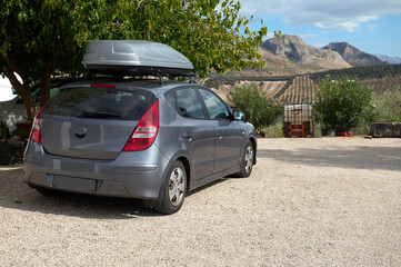 Parked car with roof box in serene rural landscape