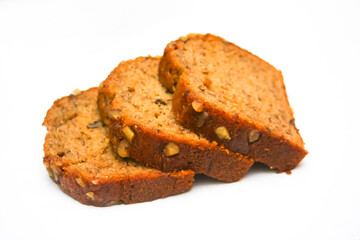 Banana Walnut Cake placed on white background, isolate, food cake, American dessert