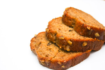 Banana Walnut Cake placed on white background, isolate, food cake, American dessert