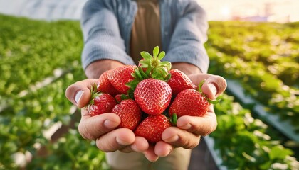 A close-up view of a cropped unrecognizable farmer's hands holding a bunch of ripe strawberry