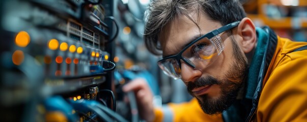 Obraz premium Close-up of an engineer's hand adjusting controls on a server rack in a data center