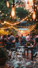 Group of people gathered outside on the deck of a restaurant on a summer evening