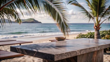 Fototapeta premium Stone table on the beach, against the background of the sea