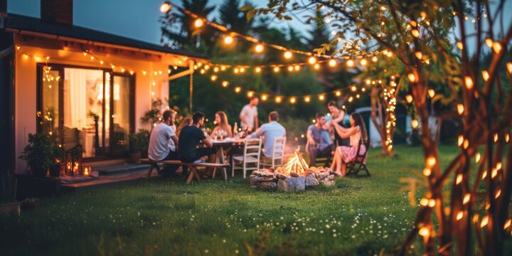 Group of people gathered in a backyard on a summer evening