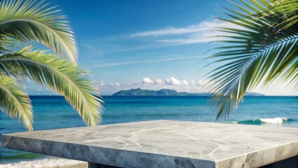Stone table on the beach, against the background of the sea