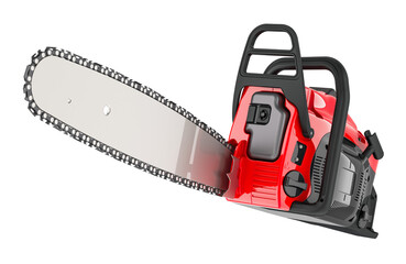 Chainsaw, red color. 3D rendering isolated on transparent background