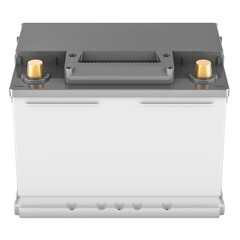 Car battery with blank label, front view. 3D rendering isolated on transparent background