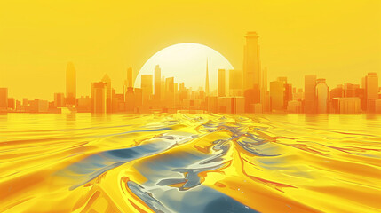 Abstract cityscape with a yellow background featuring two swirled shapes and a high horizon line. The upper half is empty, focusing on the central curved three-dimensional arc and curve shapes. The sc