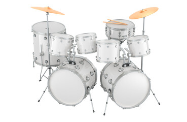 White Drum Kit, 3D rendering isolated on transparent background