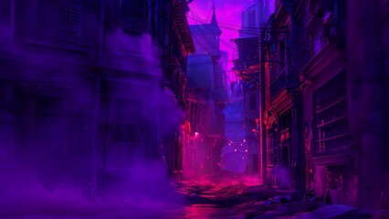 Against the eerie backdrop of a starless night sky flickering hues of purple and orange dance and twirl through the deserted alleys and streets.