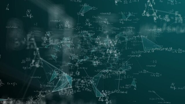 mathematical and physical formulas moving in space with lines and dots, the concept of science fiction, futurism, innovation and technological breakthrough, as well as education and cyberspace