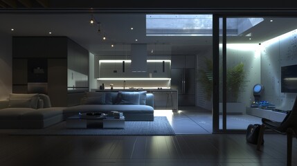Elegant modern living room and kitchen featuring ambient lighting and a skylight. Perfect for promoting a luxurious and sophisticated lifestyle.