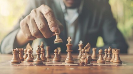 Businessman moving chess piece on board during strategy game - decision making, leadership, competition