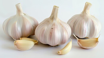 Obraz premium Three Garlic Bulbs and Cloves on White Background