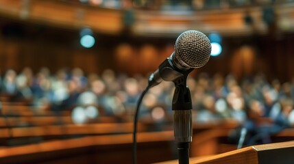 A Microphone Ready For A Speech In Front Of A Large Audience
