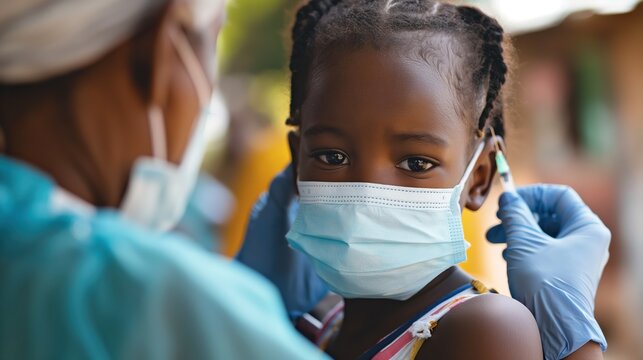 Healthcare Worker Helping Young Girl Put on Face Mask During Pandemic