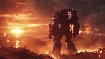 A Giant Robot Stands Against A Fiery Sunset During A Battle