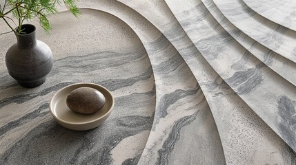 Stone Vase and Bowl on Curved White and Gray Marble Surface