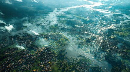 Fototapeta premium Aerial View of a City and River in Southeast Asia on a Cloudy Day