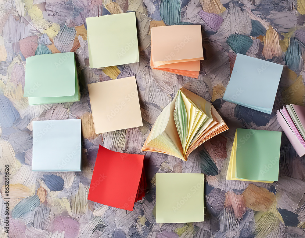 Poster A bunch of colorful sticky notes are scattered on a table. The notes are of different sizes and colors