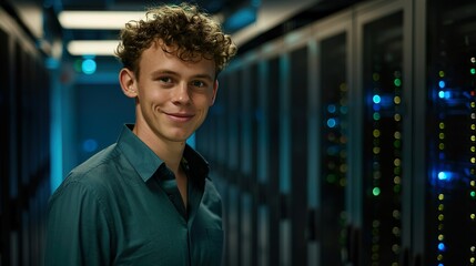 Experienced IT Specialist Smiling in Data Center with Blue Server Lights
