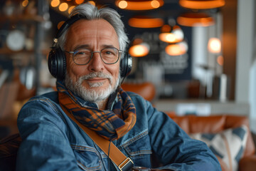 A mature happy man wearing headphones and a casual blue shirt and headphones is sitting in an airport is using his mobile phone.