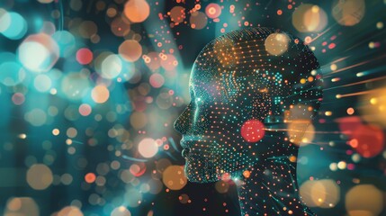 Cybernetic mind, AI neural network visualization. AI humanoid head profile with a digital neural network pattern against a bokeh-style circuit board backdrop