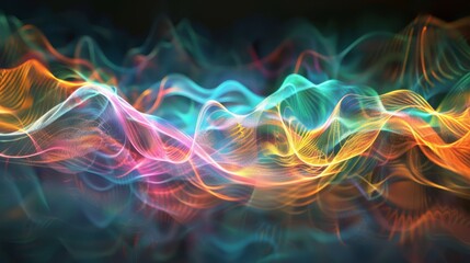 Obraz premium Dynamic abstract colorful flowing wave patterns with neon lights in vibrant hues. The scene is characterized by smooth, intertwining curves and a glowing, energetic atmosphere