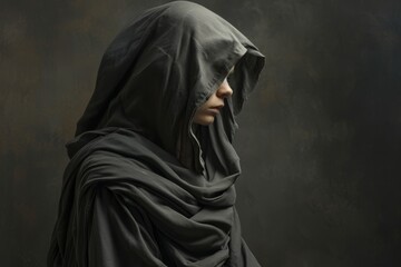 A hooded figure of dark draped fabric with a solemn expression on his face against a muted background.