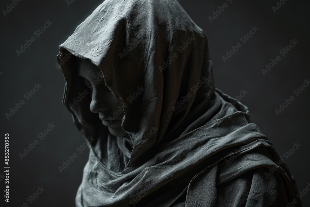 Wall mural a hooded figure of dark draped fabric with a solemn expression on his face against a muted backgroun - Wall murals