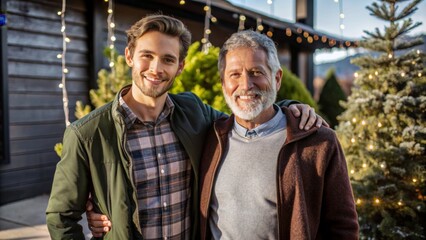 Smiling father and son posing together