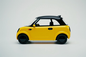 A small yellow car showing a side view, on a white background with white floor, for car advertising photography and car poster design, minimalist style. Electric city minicar