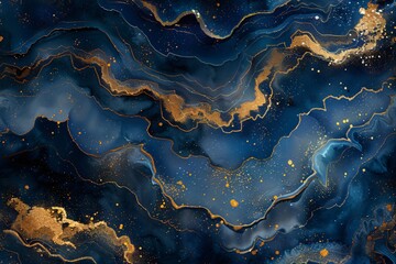 Fototapeta premium Blue abstract marble with gold veins natural background. Closeup of granite stone. Texture for design ceramic tile, card, banner, poster