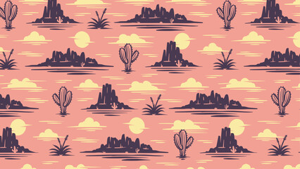 Repeating Desert Cactus Pattern with mountains an clouds seamless vector