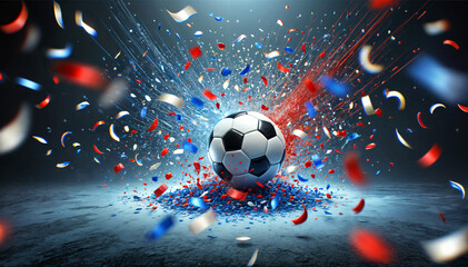 Energetic Soccer Goal Celebration with blue, white and red confetti, Generative Ai