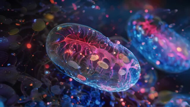 Mitochondrial fusion depicted through a colorcoded fluorescence animation with red and blue indicating two distinct organelles.