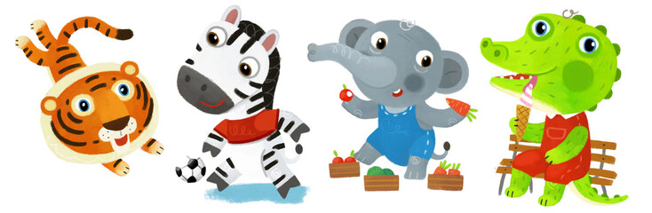 cartoon scene with happy little boy tiger cat and zebra horse with ball having fun on white background illustration for children