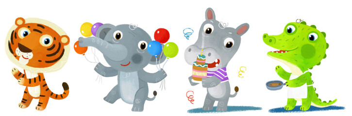 cartoon scene with happy little boy tiger cat and elephant having fun on white background illustration for children