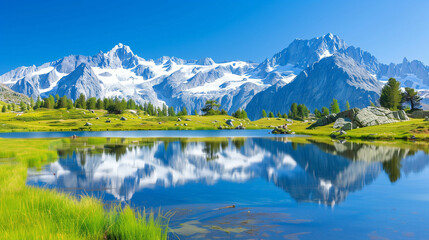 Mountains Reflected in a Lake. Scenic Landscape with Clear Water and Blue Sky