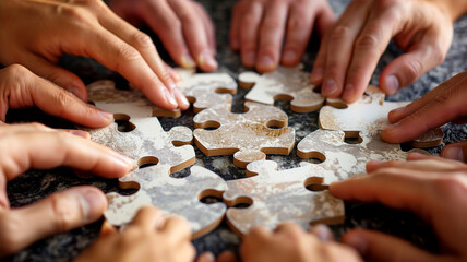 Hands collaborating to assemble white puzzle pieces, symbolizing teamwork, collaboration, problem-solving, and unity in achieving common goals. Generative AI