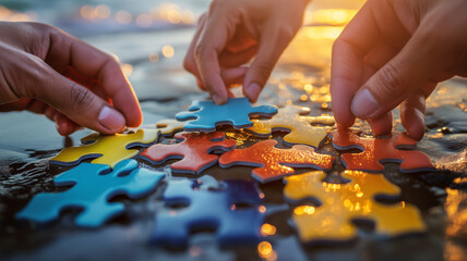 Hands assembling colorful puzzle pieces, symbolizing teamwork, collaboration, and unity at sunset. Generative AI