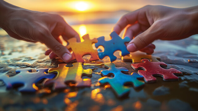 Hands assembling colorful puzzle pieces, symbolizing teamwork, collaboration, and unity at sunset. Generative AI