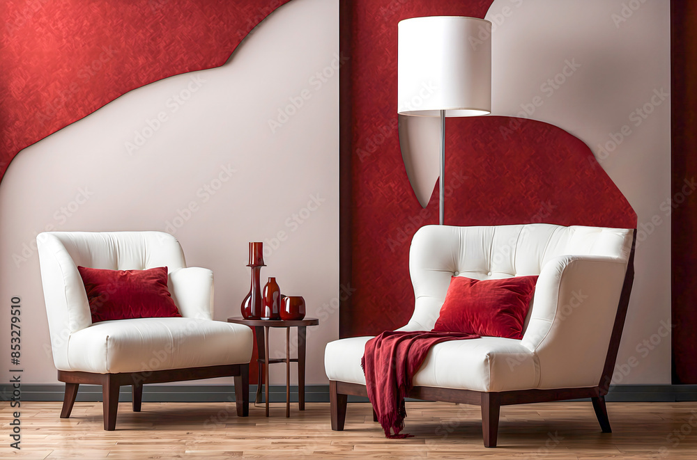 Wall mural Modern minimalist living room interior with bold red decor, white armchairs, dark wood, and abstract background design.