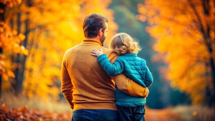 Fototapeta premium Father And Child Walking In Autumn Forest