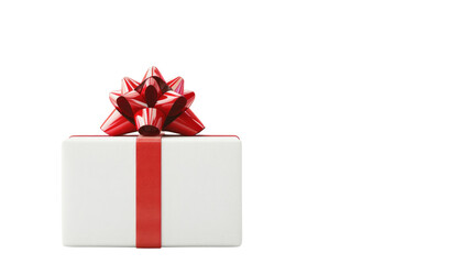 White gift box with red ribbon on white background