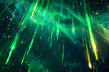 Vivid streaks of neon green and bright turquoise merge flawlessly mimicking glow of meteor shower across sky.