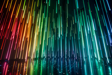 Abstract array of vertical glowing lines in multiple colors, simulating meteor shower effect with colors transitioning from warm to cool against black background.