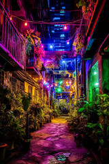 A man stands in a brightly lit alleyway with colorful lights.