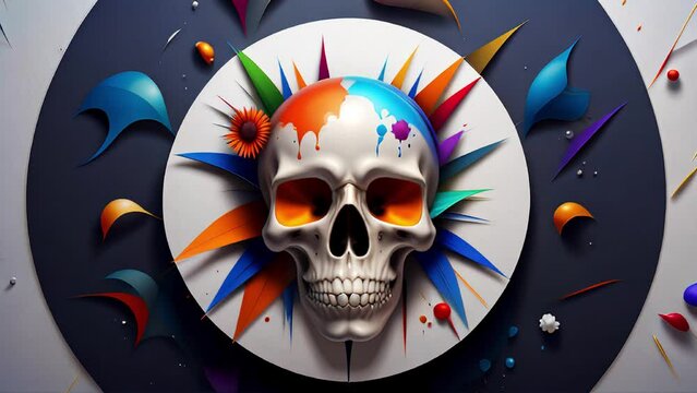 Animated skull background with flowers, leaves and colorful paint for halloween intro and abstract art in a seamless loop.