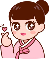 Kawaii Chibi style girl in Korean national clothing (Hanbok) making finger heart gesture. Cute cartoon anime character clip art illustration.